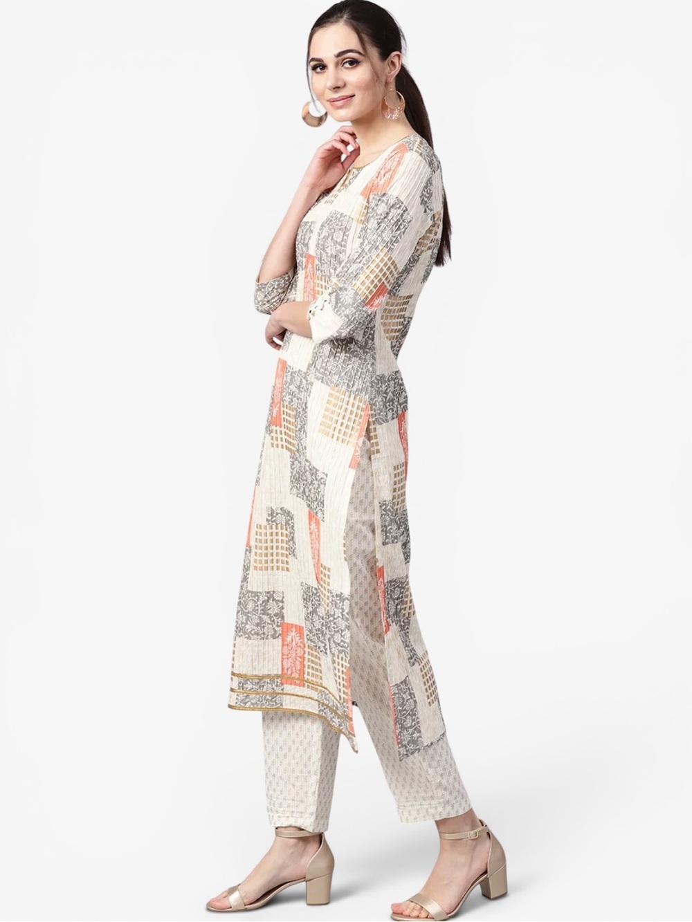 NWT Idalia Off White Printed Patchwork Printed Cotton Kurta Long Line Tunic‎ Top